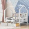 Wooden Twin Size House Bed with 2 Drawers; Kids Bed with Storage Shelf; White - as Pic