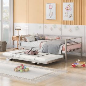 Twin Size Metal Daybed with Adjustable Trundle; Pop Up Trundle; Silver - as Pic