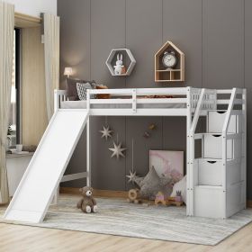 Twin Size Loft Bed with Storage and Slide - White