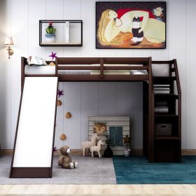 Twin Size Loft Bed with Storage and Slide - Espresso
