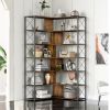 7-Tier Bookcase Home Office Bookshelf, L-Shaped Corner Bookcase with Metal Frame, Industrial Style Shelf with Open Storage, MDF Board - Brown