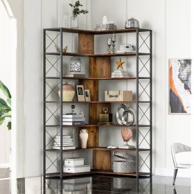 7-Tier Bookcase Home Office Bookshelf, L-Shaped Corner Bookcase with Metal Frame, Industrial Style Shelf with Open Storage, MDF Board - Brown