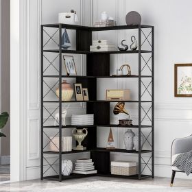 7-Tier Bookcase Home Office Bookshelf, L-Shaped Corner Bookcase with Metal Frame, Industrial Style Shelf with Open Storage, MDF Board - Black