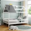Full Size Wood House Bed with Fence; White+Gray - pic
