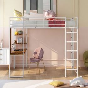 Full Size Metal Loft Bed with 2 Shelves and one Desk ; White (Old SKU: LP000191AAK ) - as pic
