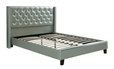 Queen Size Bed 1pc Bed Set Silver Faux Leather Upholstered Tufted Bed Frame Headboard Bedroom Furniture - as pic