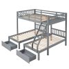 Full Over Twin &amp; Twin Bunk Bed; Wood Triple Bunk Bed with Drawers and Guardrails (Gray) (OLD SKU:LP000143AAE) - as pic