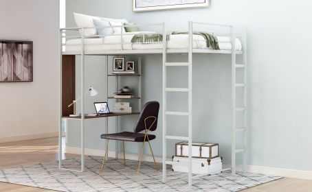Twin Metal Loft Bed with 2 Shelves and one Desk ; Silver(Old SKU: MF281206AAN) - as pic