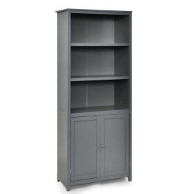 Standing Wooden Bookcase with  3 Tier Open Book Shelving and Double Doors - Gray