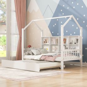 Wooden Twin Size House Bed with Trundle; Kids Bed with Shelf; White - as pic