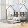 Wooden Full Size House Bed with Trundle; Kids Bed with Shelf; Gray - as pic