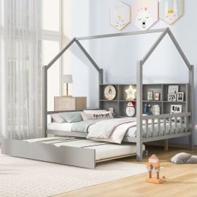 Wooden Full Size House Bed with Trundle; Kids Bed with Shelf; Gray - as pic