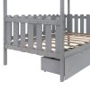 Twin Size House Bed with drawers, Fence-shaped Guardrail - Gray