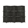 6 Panel Folding Weave Fiber Room Divider with 2 Display Shelves  - Black
