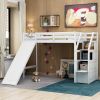 Twin Size Loft Bed with Storage and Slide - White