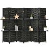 6 Panel Folding Weave Fiber Room Divider with 2 Display Shelves  - Black