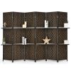 6 Panel Folding Weave Fiber Room Divider with 2 Display Shelves  - Brown