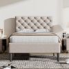 Upholstered Linen Platform Bed, Twin Size, Beige - as Pic
