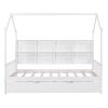 Wooden Twin Size House Bed with Trundle; Kids Bed with Shelf; White - as pic