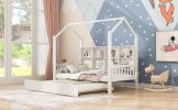 Wooden Twin Size House Bed with Trundle; Kids Bed with Shelf; White - as pic