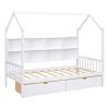 Wooden Twin Size House Bed with 2 Drawers; Kids Bed with Storage Shelf; White - as Pic