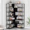 7-Tier Bookcase Home Office Bookshelf, L-Shaped Corner Bookcase with Metal Frame, Industrial Style Shelf with Open Storage, MDF Board - Black