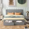 Queen Size Platform Bed with Drawers, Gray - Gray