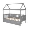 Twin Size House Bed with drawers, Fence-shaped Guardrail - Gray