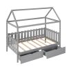 Twin Size House Bed with drawers, Fence-shaped Guardrail - Gray