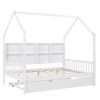 Wooden Full Size House Bed with Trundle; Kids Bed with Shelf; White - as pic