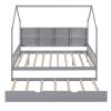 Wooden Full Size House Bed with Trundle; Kids Bed with Shelf; Gray - as pic