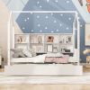 Wooden Twin Size House Bed with Trundle; Kids Bed with Shelf; White - as pic