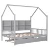 Wooden Full Size House Bed with Trundle; Kids Bed with Shelf; Gray - as pic
