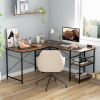 L-Shaped Computer Desk with 4 Storage Shelves and Cable Holes - Rustic Brown