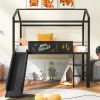 Metal House Bed With Slide; Twin Size Metal Loft Bed with Two-sided writable Wooden Board (Black ) - as Pic